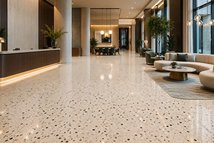 Terrazzo floor — polished surface with marble chip pattern
